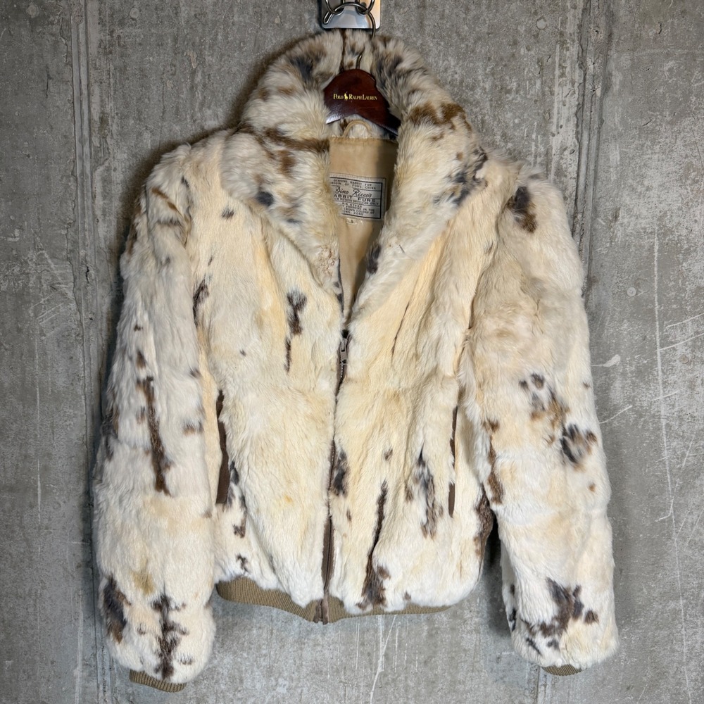 Dino Ricco Vintage Genuine Rabbit Fur Bomber Jacket Spotted Cream Brown Small